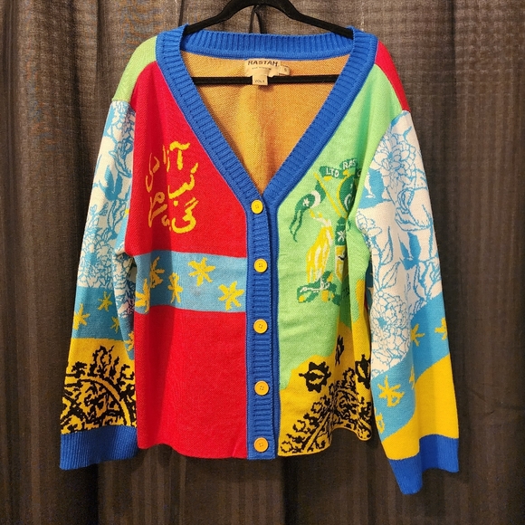 Rastah Men's Oversize "Am I Free" Knit Abstract Cardigan Button - Picture 1 of 9